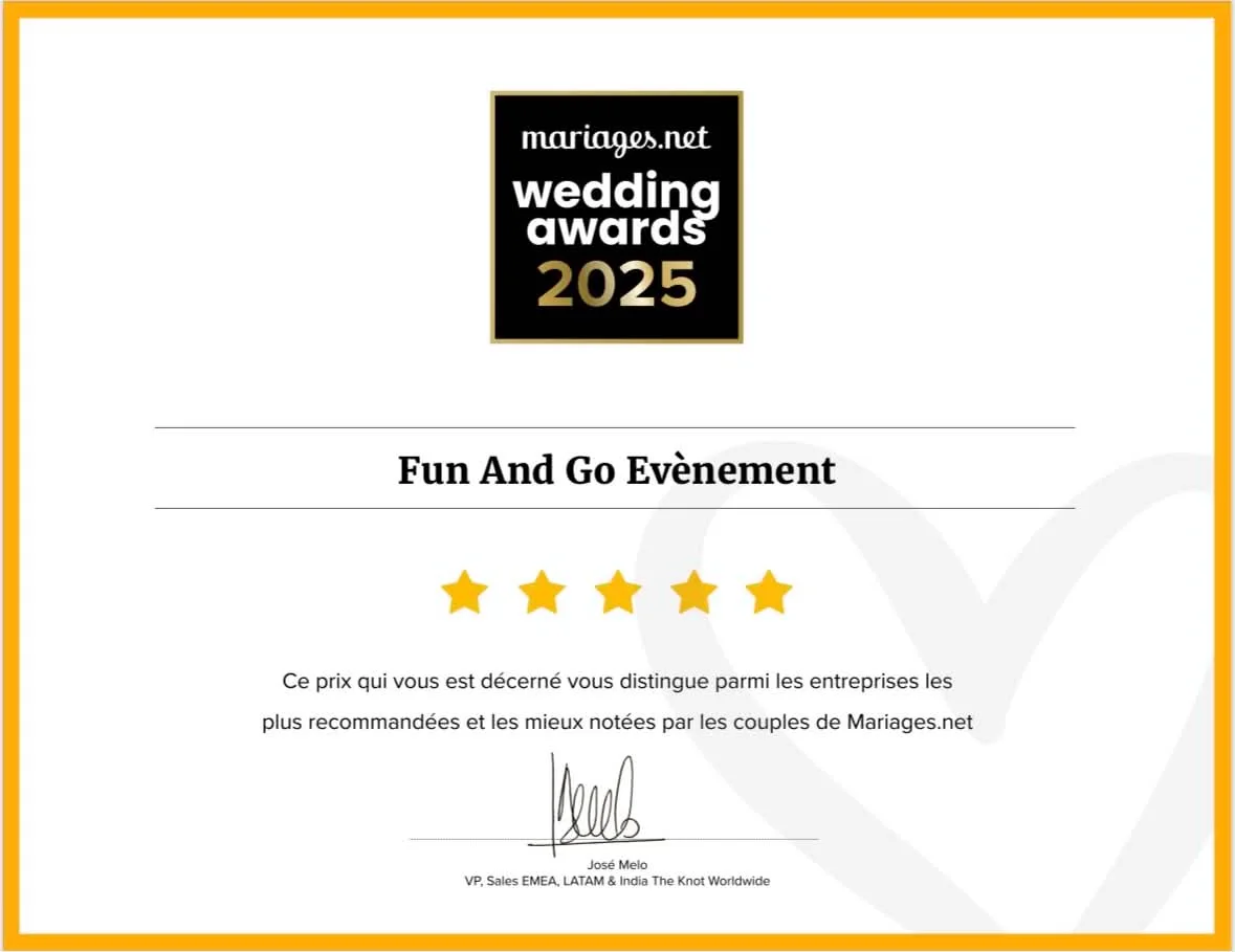 Certificat Wedding Awards 2025 Mariages.net Fun And Go Évènement